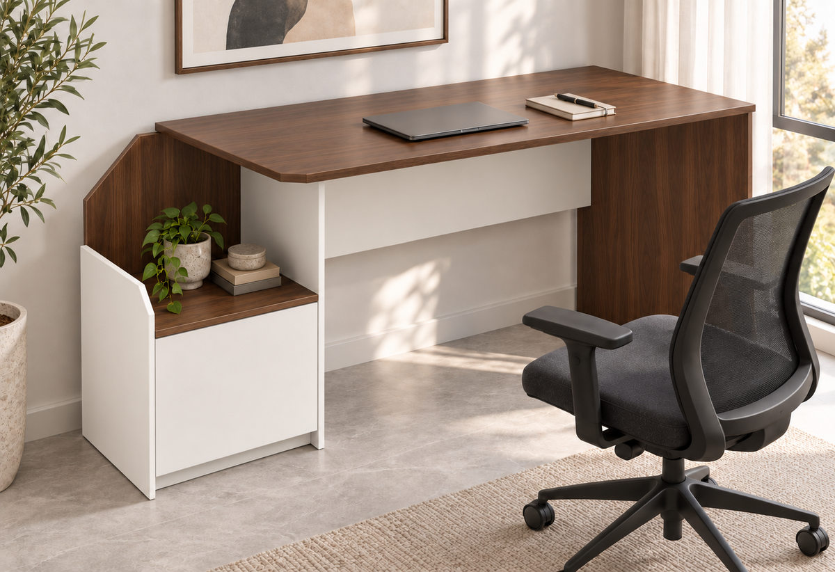 Bright desk in wood and white finish with side cabinet