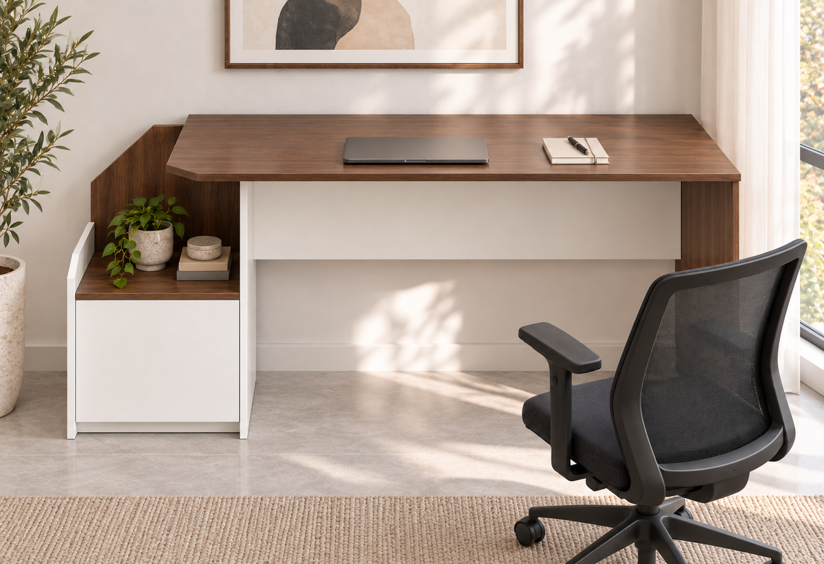 Front view of Bright desk and side storage cabinet