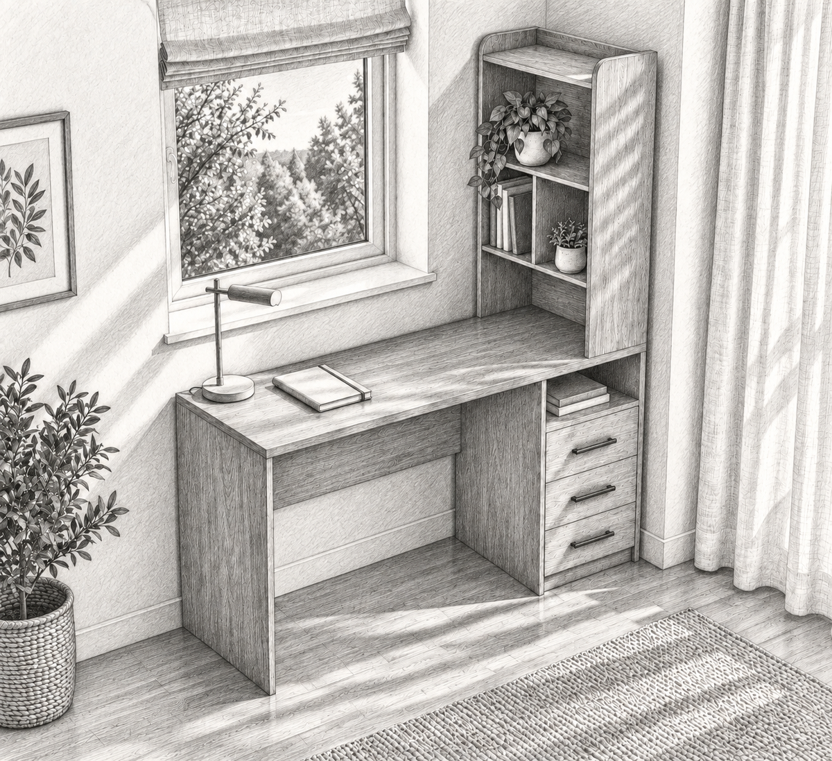 رسم توضيحي لمكتب كالم بمكتبة جانبية وأدراج