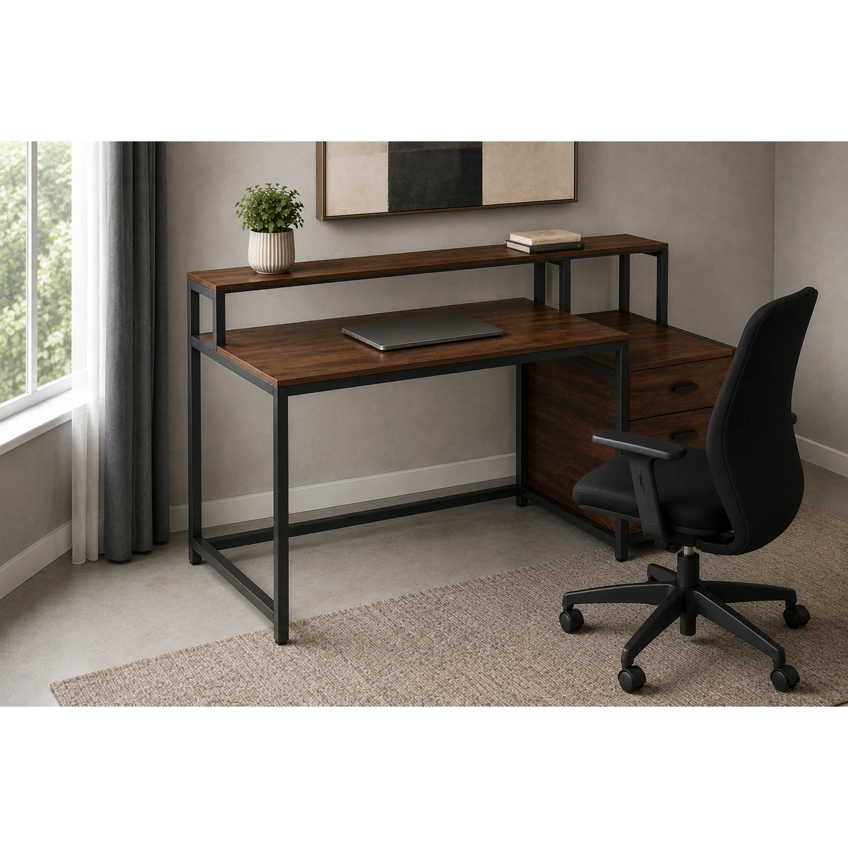 Computer desk with storage drawers and upper shelf right side view