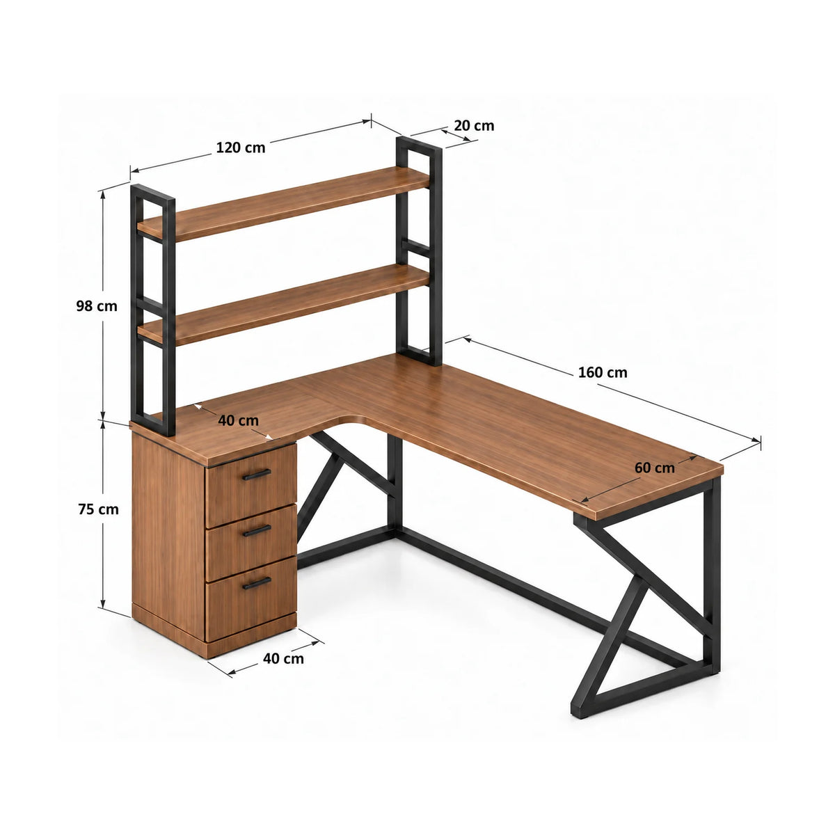 L-shaped desk dimensions 160 by 120 by 75 cm with 120 cm upper shelves