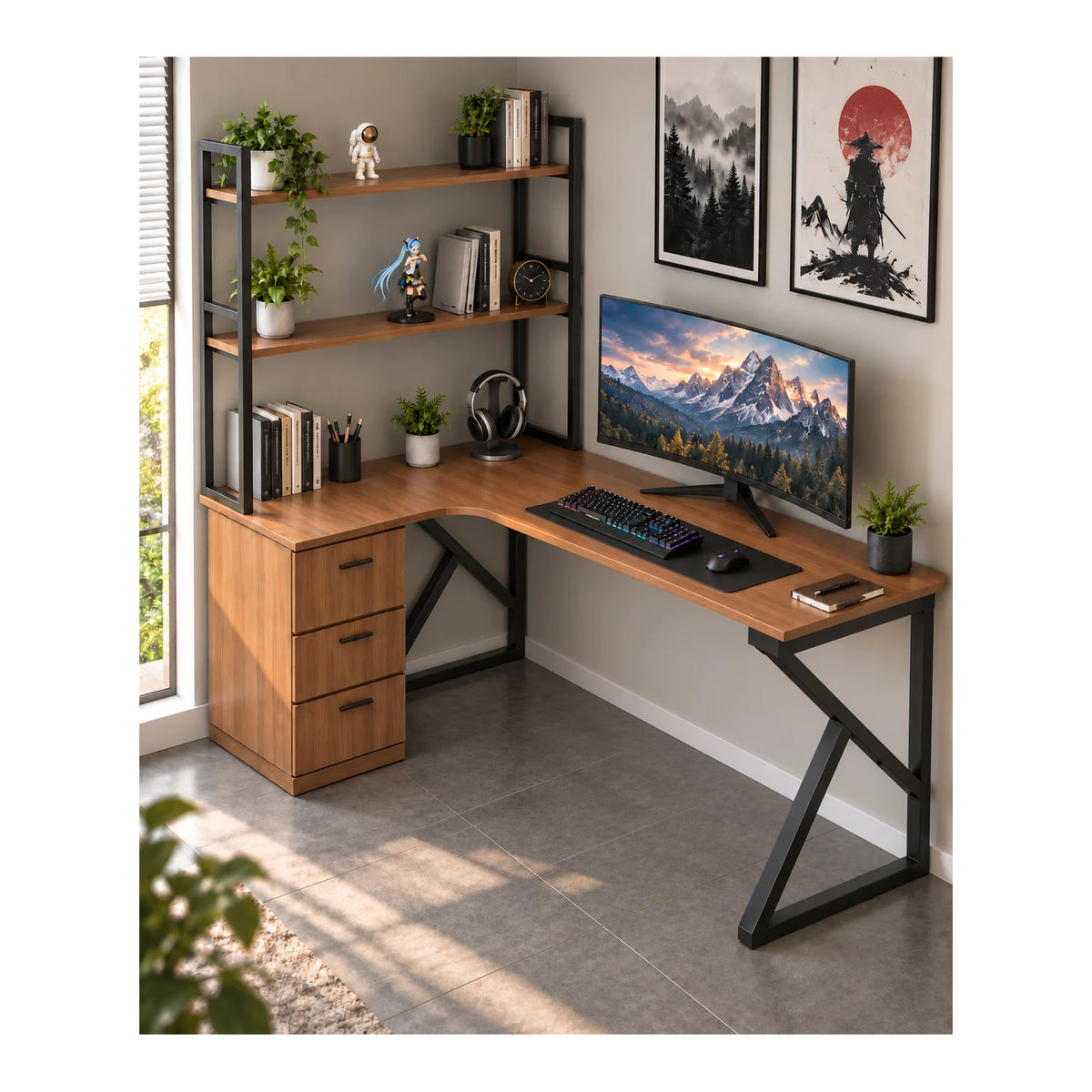 Wood and black L-shaped desk with drawers and upper shelving front view