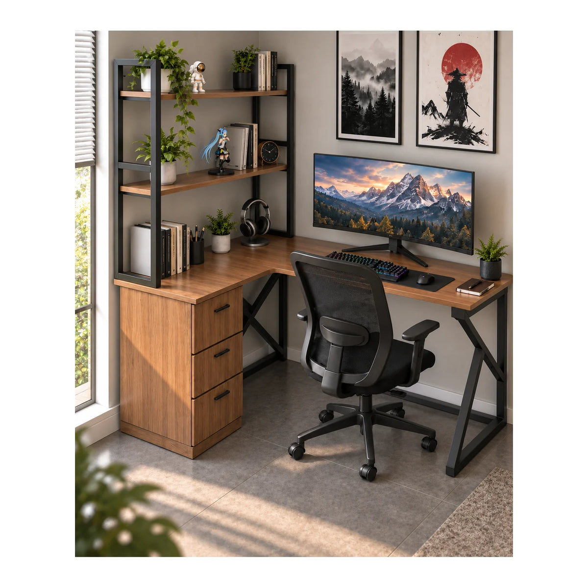 L-shaped corner computer desk with three drawers and two shelves left view