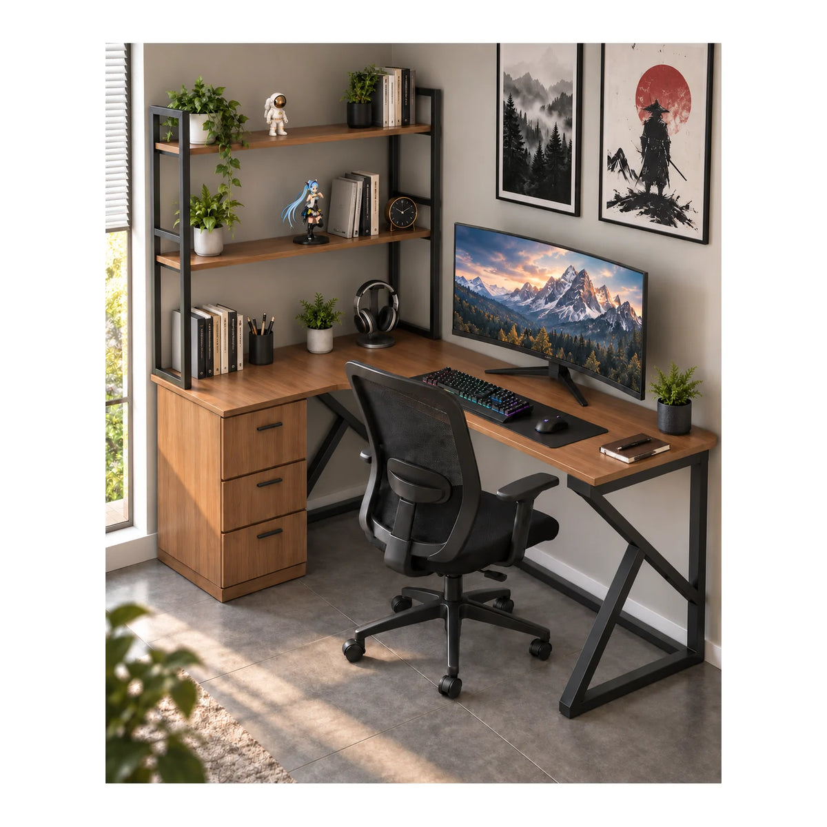 L-shaped desk with three drawers and two upper shelves in wood finish