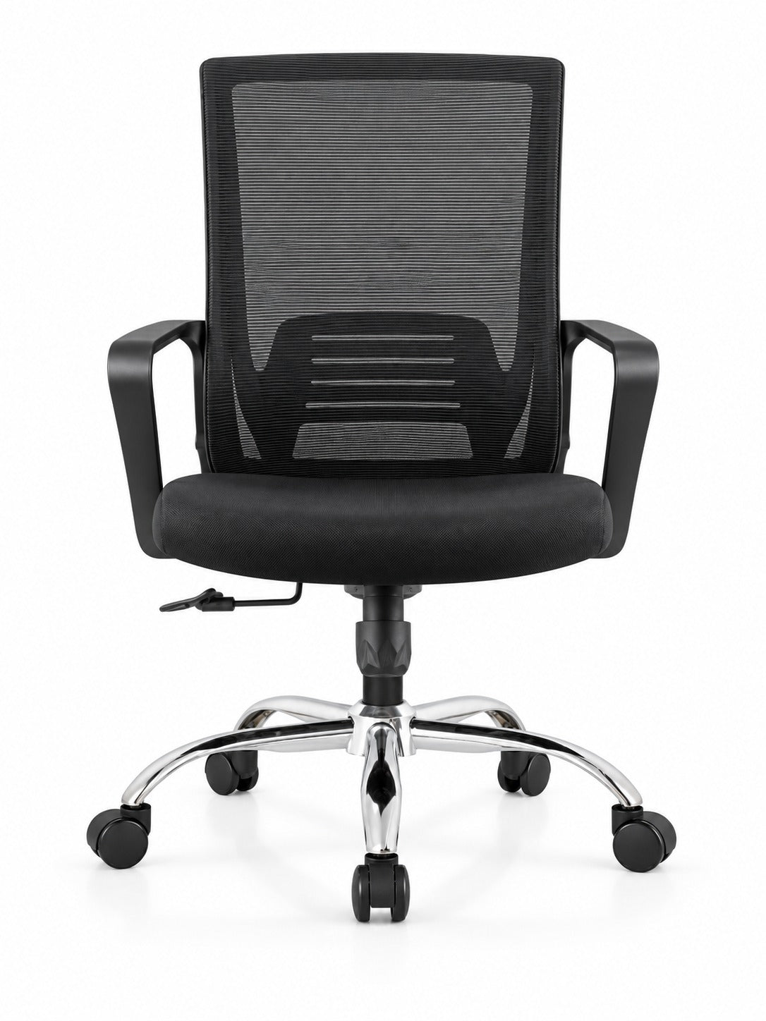 Square office chair - front view with padded seat and chrome base