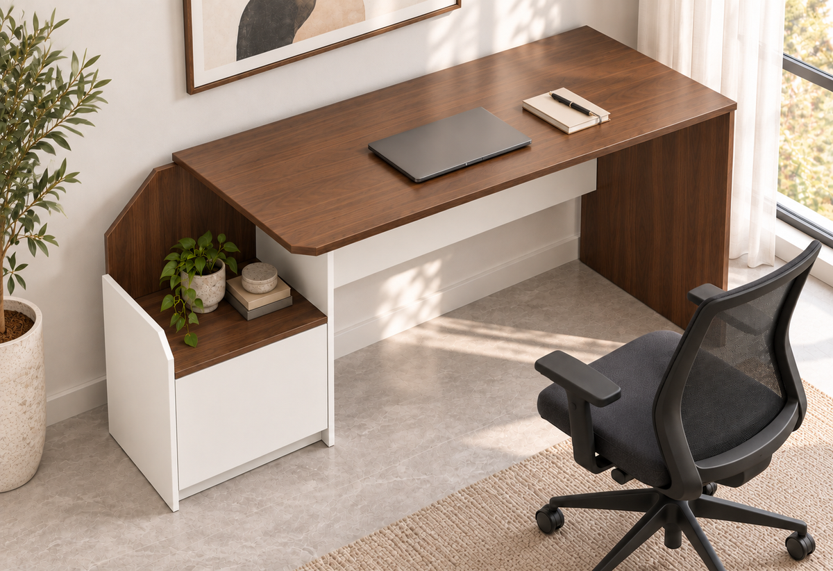 High-angle view of Bright desk worktop