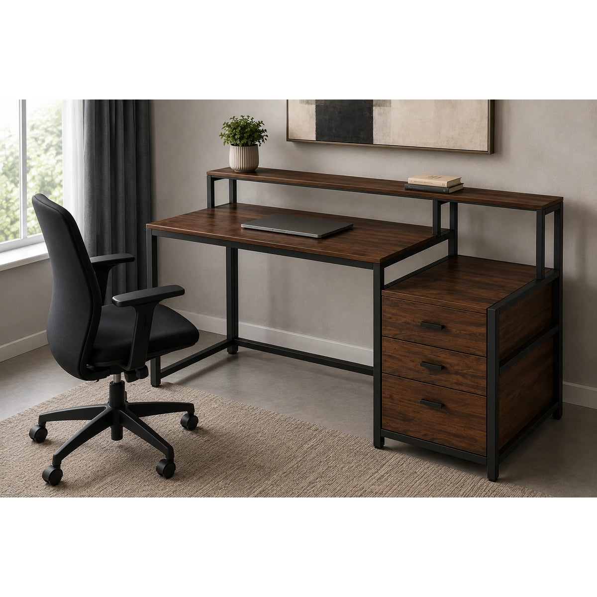 Dark wood computer desk with drawers and raised upper shelf front view