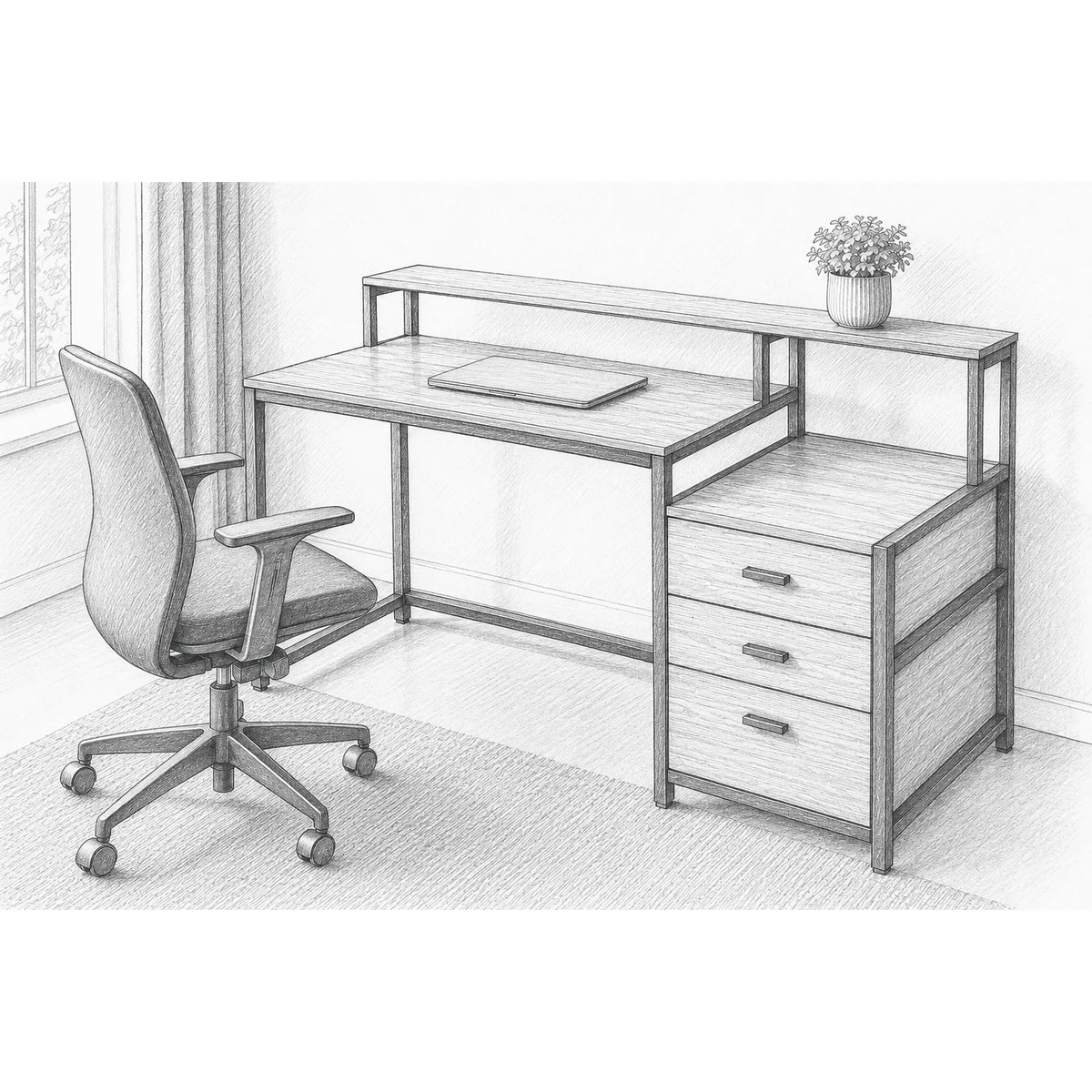 Design sketch of computer desk with three drawers and upper shelf