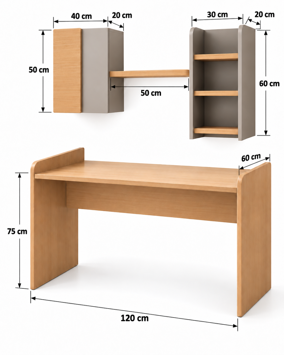 مقاسات مكتب ايليت 120 × 60 × 75 سم والوحدات المعلقة
