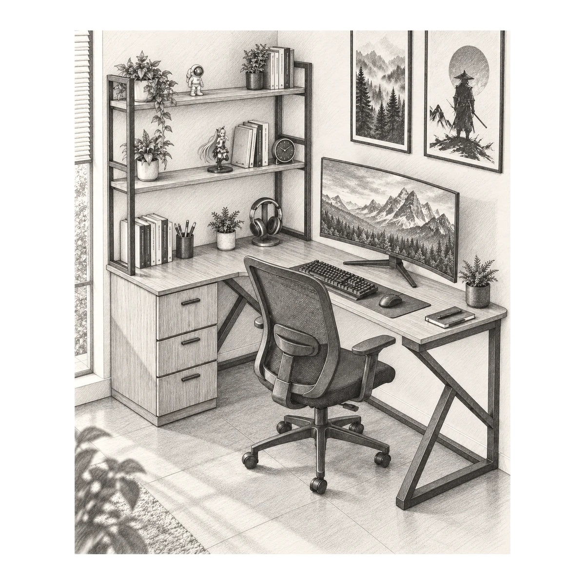 Design sketch of L-shaped desk with drawers and two upper shelves