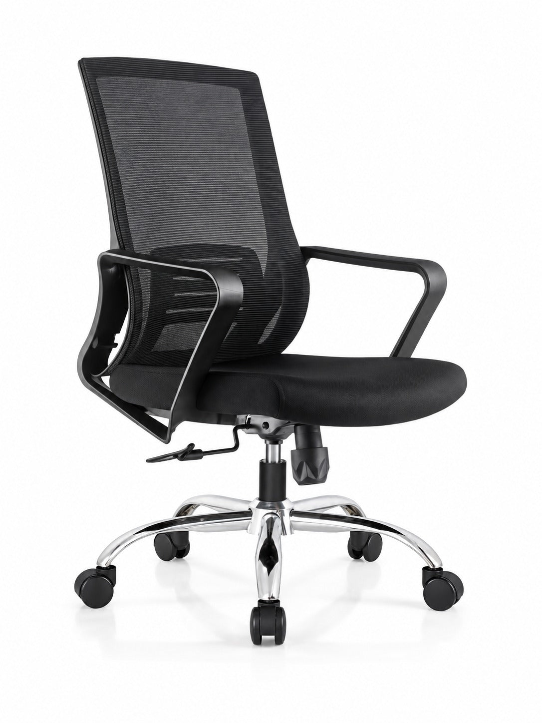 Square black mesh office chair with chrome-plated metal base - three-quarter view